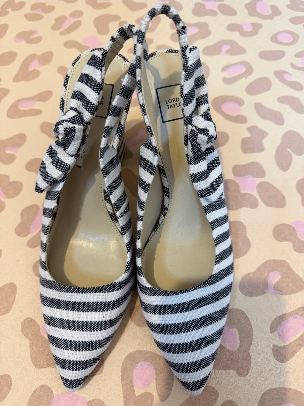 Lord & Taylor Black and White Striped Bow Slingback Heels